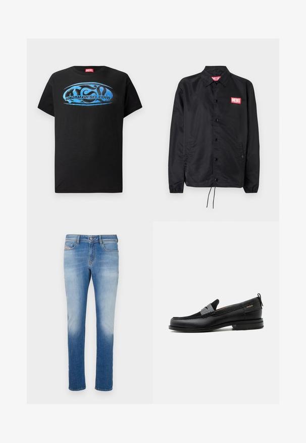 Chaqueta negra hecha de un material suave y ligero, con cierre de botones en el frente, puños elásticos, bolsillos laterales y un parche con el logo rojo de Diesel.; Camiseta de manga corta negra de algodón, con un diseño gráfico azul que incluye el texto "www.diesel.com" en el frente.; Vaqueros de mezclilla azul con un diseño tapered, con un lavado claro y desgastado, estilo clásico de cinco bolsillos y un cierre de botón en la cintura.; Mocasín de cuero negro con detalle de tira gris, tacón bajo y suela texturizada, con la marca "HUGO" en oro en el lateral.