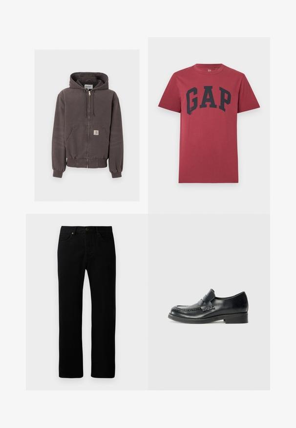 Dunkelgrauer Kapuzenpullover mit Reißverschluss, Fronttaschen, Kordelzug an der Kapuze, gerippten Bündchen und Saum sowie einem kleinen Logopatch auf der Tasche.; Rotes T-Shirt mit kurzen Ärmeln und Rundhalsausschnitt, mit großem schwarzem "GAP"-Schriftzug in der Mitte der Brust.; Schwarze Jeans aus Denim mit geradem Bein, Fünf-Taschen-Design, vorn mit Knopfverschluss und dezenten Nähdetails.; Schwarzer Lederloafer mit Mokassin-Nähten, einem auffälligen Riemen über dem Rist und einem niedrigen, gestapelten Absatz. Glatte Oberfläche und abgerundete Zehenpartie.