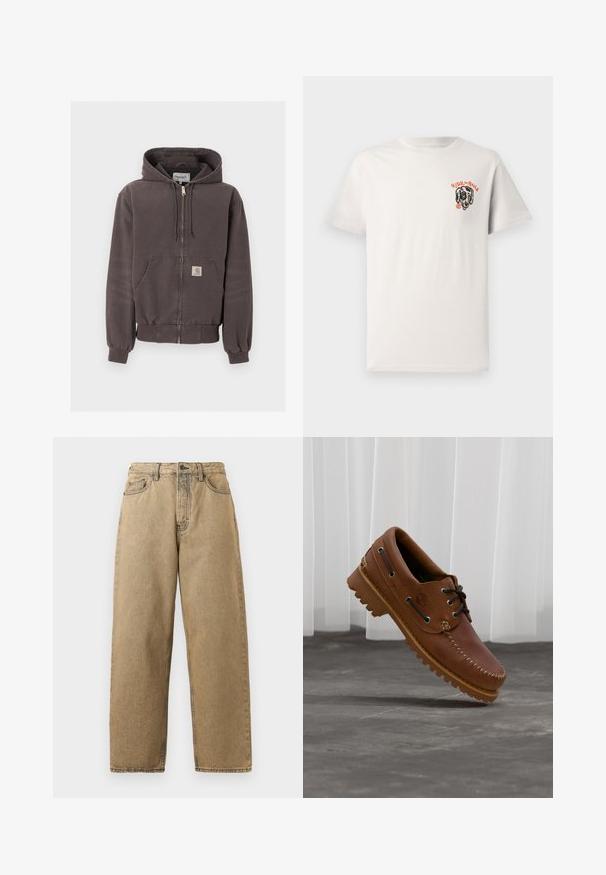 Dunkelgrauer Kapuzenpullover mit Reißverschluss, Fronttaschen, Kordelzug an der Kapuze, gerippten Bündchen und Saum sowie einem kleinen Logopatch auf der Tasche.; Hellbeige Baumwoll-T-Shirt mit Rundhalsausschnitt, kurzen Ärmeln und einem schwarzen Hundemotiv mit dem Aufdruck "RIDE the RAILS" in orangefarbener Schrift.; Beige Denim-Jeans mit geradem Bein, ausgestattet mit einem Reißverschluss, Gürtelschlaufen und kontrastierenden Nähten. Keine auffälligen Muster oder Hardware-Details.; Brauner Leder-Bootsschuh mit schwarzen Schnürsenkeln, beigen Nähten und einer robusten Sohle, schwebt über einem grauen Betonboden.