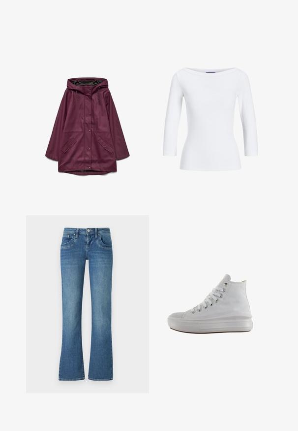 Parka imperméable bordeaux avec capuche, dotée d'une fermeture à boutons-pression et de deux poches avant ; fabriquée en matériau lisse et durable.; Top à manches longues côtelé blanc avec un décolleté bateau. Le tissu est lisse, ajusté et présente une finition soignée au niveau des poignets et de l'ourlet.; Jeans flares bleu clair en denim, dotés de cinq poches, de coutures contrastées et d'une fermeture à bouton à la taille.; Baskets montantes en toile blanche avec lacets blancs, œillets métalliques, semelle épaisse en caoutchouc et bout texturé, orientées vers la gauche sur fond blanc.