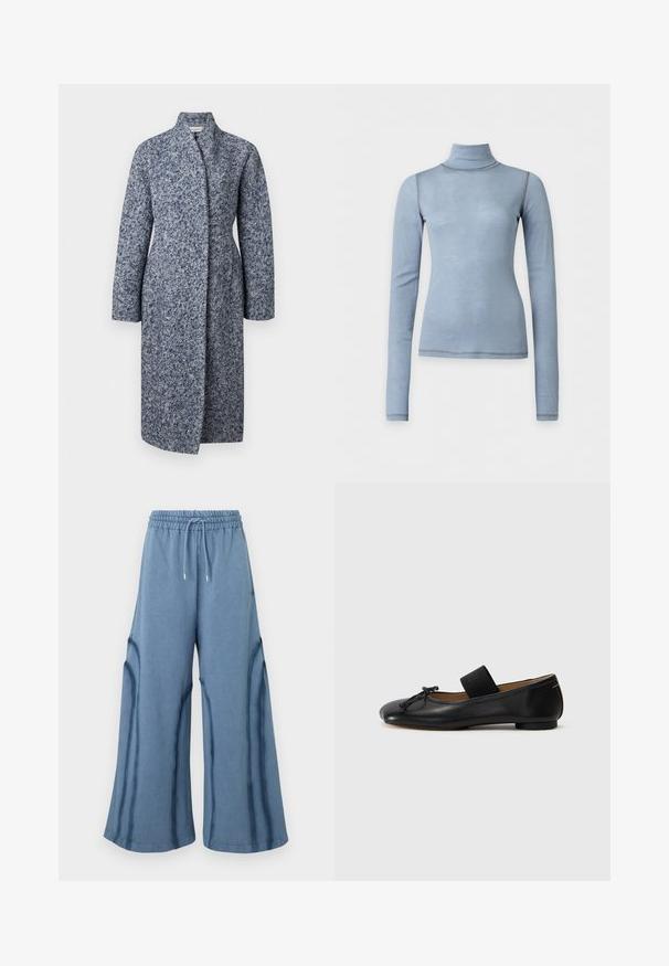 Long manteau en laine texturée bleu et gris avec un col montant, des manches longues et une taille ajustée, s'étendant sous le genou.; Haut à manches longues col roulé bleu clair avec silhouette ajustée et coutures visibles aux épaules et à l'ourlet sur fond blanc uni.; Pantalons larges bleus avec taille élastique et cordon de serrage, présentant des détails de couture le long des jambes.; Ballerines en cuir noir avec un bout arrondi, un petit nœud décoratif et une lanière élastique sur le cou-de-pied pour un maintien sécurisé. Semelle plate.