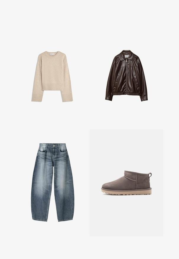 Mørkebrun imitær læderjakke med frontlynlås, krave, to skrå lommer og elastisk kant på hvid baggrund.; Beige cropped sweater lavet af blød strik. Har rund halsudskæring, lange ærmer samt ribbede manchetter og kant for ekstra tekstur.; Bredde jeans lavet af lyseblå denim med falmning, der har et fem-lomme design, knaplukning og minimale syninger.; Lav brun ruskindssko med lav ankelhøjde, slidstærk sål og træksnor på en ensartet baggrund.