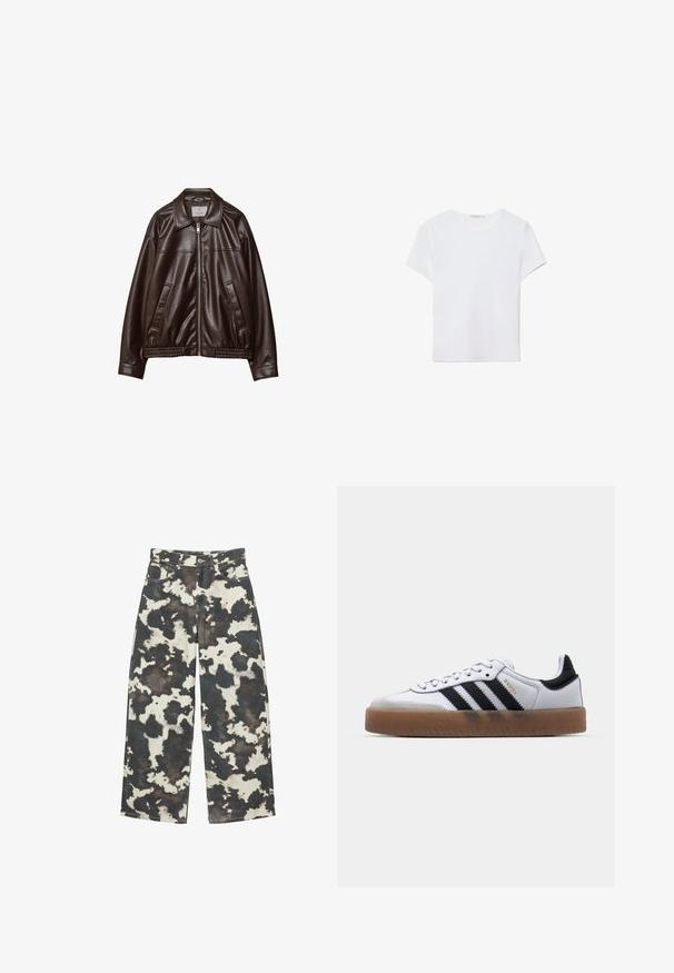 Veste en cuir synthétique marron foncé avec fermeture éclair frontale, col, deux poches en diagonale et ourlet élastique sur fond blanc.; T-shirt blanc à manches courtes en tissu doux. Dispose d'un col rond et d'un design simple et épuré avec un ourlet droit.; Jean à jambes larges avec motif tacheté noir et blanc de style vache, bouton à l'avant, fermeture éclair et design à cinq poches.; Baskets en cuir blanc avec des rayures noires, semelle extérieure en caoutchouc beige, bout rond, fermeture lacée et embout en suède gris doux.