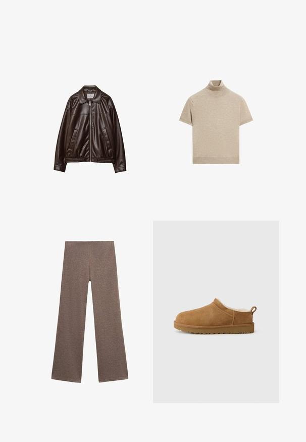 Mørkebrun imitær læderjakke med frontlynlås, krave, to skrå lommer og elastisk kant på hvid baggrund.; Beige kortærmet striktrøje med høj turtleneck-krave, ensfarvet design og ribkant ved hals og kant.; Brune brede bukser lavet af blødt, tekstureret stof. Designet har en høj talje og en løs pasform, perfekt til afslappet brug.; Brune ruskind slip-on sko med blødt, hvidt pelsfor, flad gummisål, rund tå og lille trækstrop ved hælen.
