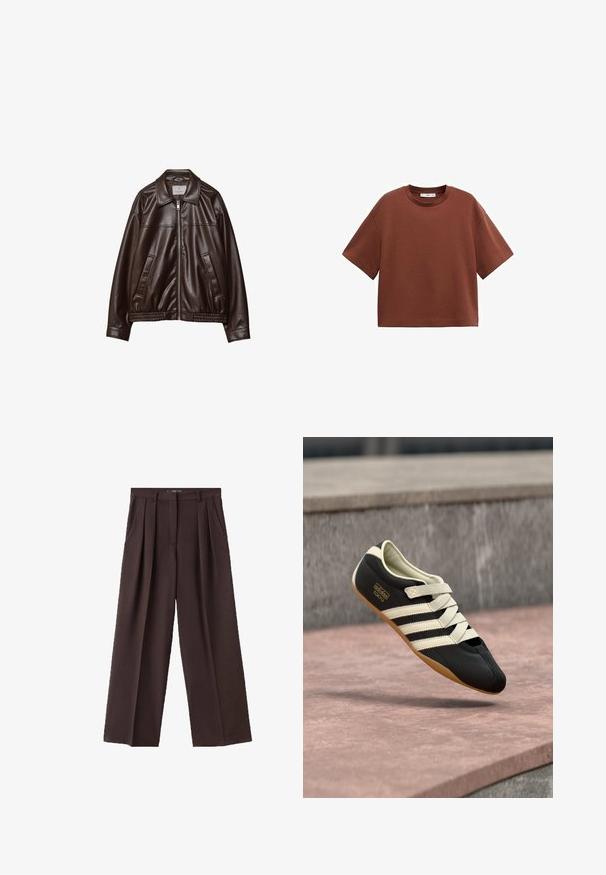 Veste en cuir synthétique marron foncé avec fermeture éclair frontale, col, deux poches en diagonale et ourlet élastique sur fond blanc.; T-shirt marron à manches courtes avec col rond, coupe décontractée et ourlet droit, présenté sur un fond blanc.; Pantalons larges bruns en tissu texturé, avec des plis à l'avant, des poches latérales et un design de taille classique.; Chaussure de sport noire avec des rayures et des lacets crème, présentant un profil bas, une texture lisse et une semelle en caoutchouc pour une bonne adhérence. Étiquette de la marque visible.