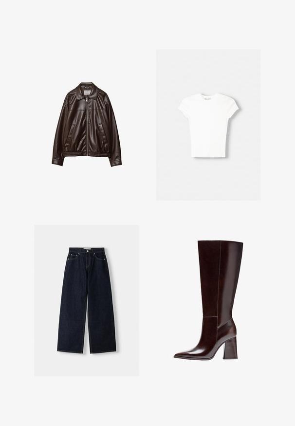 Dunkelbraune Kunstlederjacke mit Frontreißverschluss, Kragen, zwei diagonalen Taschen und elastischem Saum auf weißem Hintergrund.; Weißes kurzärmliges T-Shirt aus weicher Baumwolle, mit Rundhalsausschnitt und figurbetonter Form. Keine sichtbaren Muster oder Verzierungen.; Dunkelblaue, weite Jeans mit hoher Taille, fünf Taschen, Kontrastnähten und silbernem Metallzubehör. Glatte Textur und saubere Verarbeitung.; Braune Leder-Knöchelstiefel mit spitzem Zehenbereich und strukturiertem Blockabsatz. Verfügt über eine klare Linienführung und minimale Nähdetails.