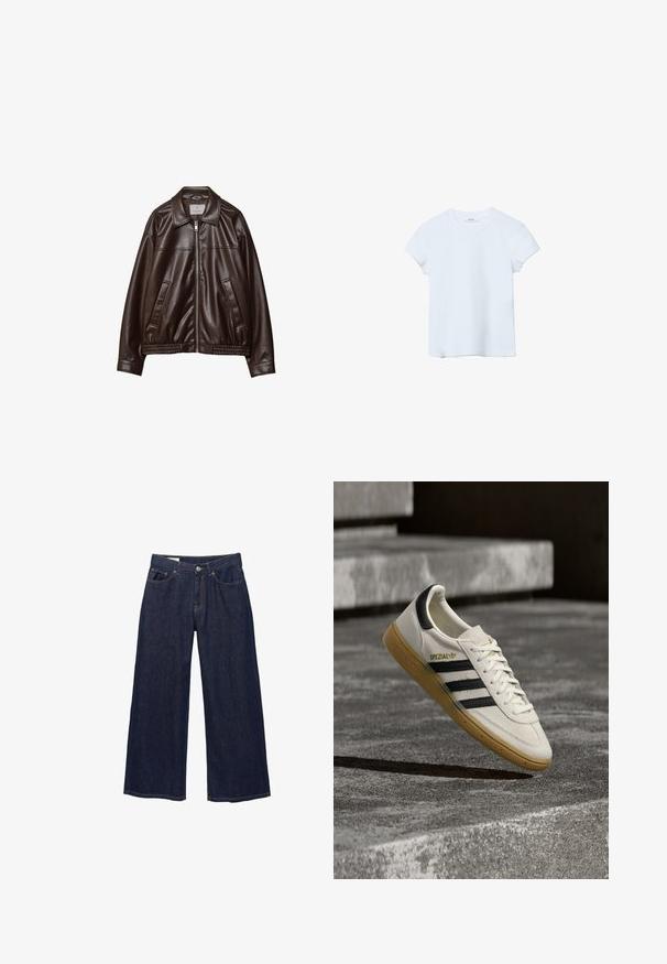 Veste en cuir synthétique marron foncé avec fermeture éclair frontale, col, deux poches en diagonale et ourlet élastique sur fond blanc.; T-shirt uni bleu clair à manches courtes et col rond, étalé à plat sur un fond blanc.; Jean en denim bleu foncé à jambes larges avec poches avant, passants pour ceinture et fermeture à bouton.; Baskets Adidas Spezial blanches avec des rayures noires et une semelle en gomme flottant au-dessus de marches en pierre grises à l'extérieur.