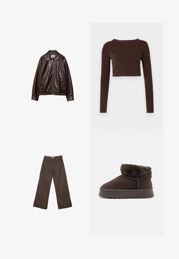 Tmavohnedá umelá kožená bunda s predným zipsom, golierom, dvomi diagonálnymi vreckami a elastickým lemom na bielom pozadí.; Hnedý dlhý rukáv cropped top vyrobený z hladkého materiálu, s okrúhlym výstrihom a priliehavým strihom. Bez viditeľných vzorov alebo akcentov.; Široké hnedé denimové nohavice s klasickým dizajnom piatich vreciek, so zapínaním na gombík a hladkou textúrou.; Hnedé semišové členkové topánky s umelou kožušinou na golieri, zaoblenou špičkou a textúrovanou gumovou podrážkou. Obsahujú jednoduché prešívanie a nízkoprofilový dizajn.