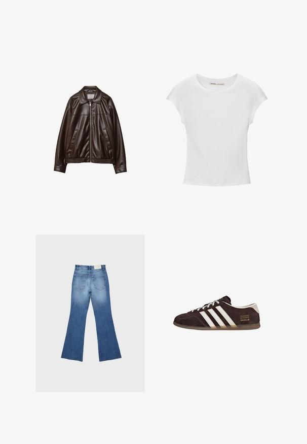Veste en cuir synthétique marron foncé avec fermeture éclair frontale, col, deux poches en diagonale et ourlet élastique sur fond blanc.; T-shirt en coton blanc avec manches courtes retroussées, encolure ronde et ourlet droit. Texture lisse sans motifs ni accents visibles.; Jean en denim bleu avec jambes évasées et deux poches arrière, présenté à plat sur un fond gris clair.; Baskets en suède marron avec trois bandes blanches, semelle en caoutchouc, et étiquette avec le texte "Gazelle" en or. Fermeture à lacets avec lacets gris.