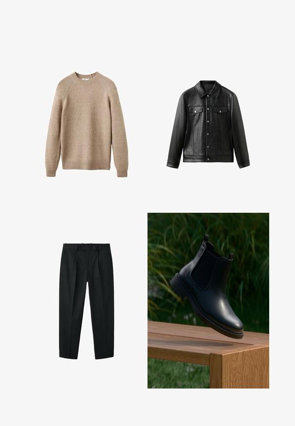 Sort læderjakke med krave, knapper foran og to brystlommer med klapper. Glat tekstur og skræddersyet pasform.; Beige strikket sweater med rund hals, ribbestrikkede manchetter og kant. Har en struktureret overflade og raglanærmer. Klassisk pasform.; Sorte skræddersyede bukser med knap- og lynlås lukning, sidelommer, bæltestropper og forreste folder.; Sort læder ankelstøvle med elastiske sidepaneler, der svæver over en træbænk, med grønne planter i baggrunden.