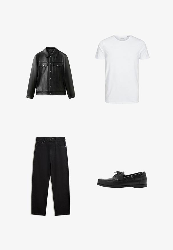 Sort læderjakke med krave, knapper foran og to brystlommer med klapper. Glat tekstur og skræddersyet pasform.; Rundhals kortærmet t-shirt i ensfarvet hvid, lavet af blød bomuld, har et simpelt design uden synlige mønstre eller detaljer.; Sorte denimbukser i bred benlængde. Har fem lommer, metalknaplukning og kontraststing. Glat tekstur, minimalistisk design.; Sort læder bådsko med snørebånd foran, sideøjer, synet tå og flad gummisål, vist fra siden.