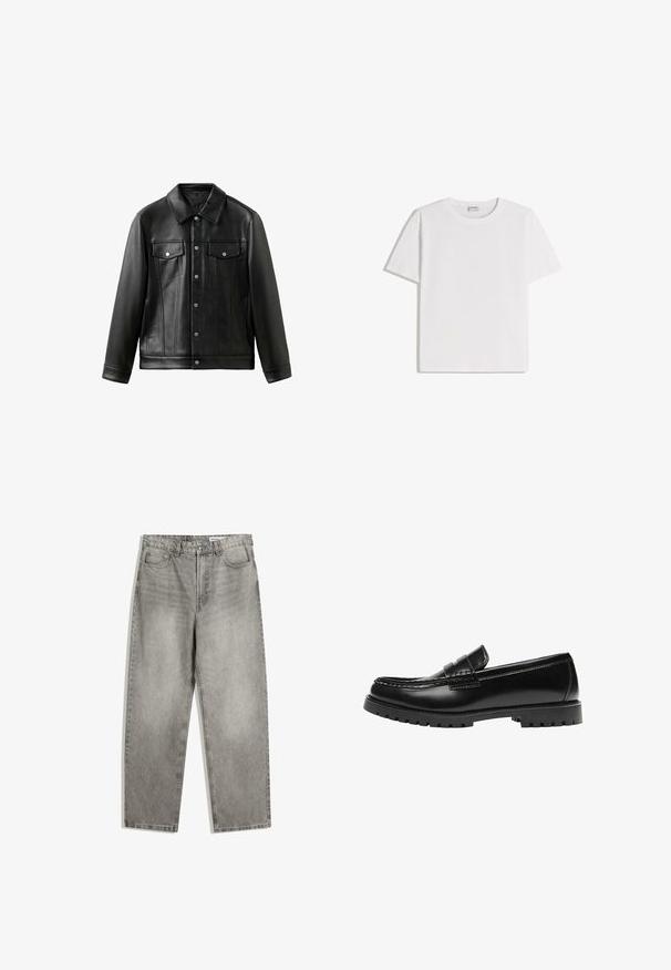 Veste en cuir noire avec col, boutons sur le devant et deux poches poitrine à rabat. Texture lisse et coupe ajustée.; T-shirt en coton blanc avec un col rond et des manches courtes. Présente une coupe classique et carrée, sans motifs ni accents visibles.; Pantalons en denim gris avec une coupe droite, dotés de poches avant, d'une fermeture à bouton et d'une texture légèrement décolorée.; Mocassin en cuir noir avec une semelle en caoutchouc épaisse et un détail classique de bride à monnaie, vu de côté extérieur.