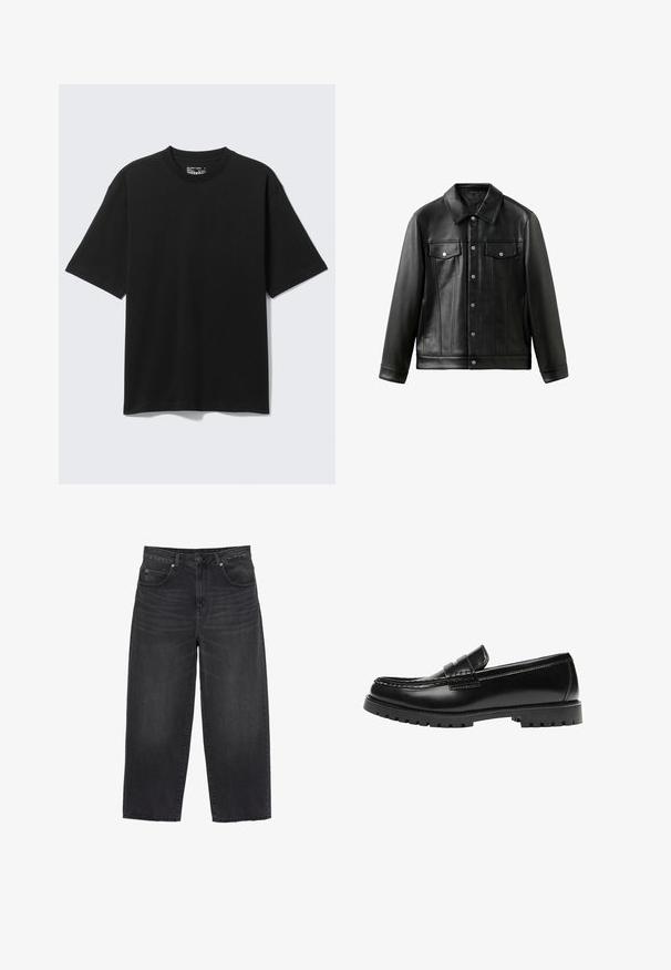 Veste en cuir noire avec col, boutons sur le devant et deux poches poitrine à rabat. Texture lisse et coupe ajustée.; T-shirt noir en coton à manches courtes et coupe décontractée, col rond, présenté sur un fond clair uni.; Jean noir à jambes larges avec une taille haute, bouton et fermeture éclair à l'avant, passants pour ceinture, et poches avant et arrière.; Mocassin en cuir noir avec une semelle en caoutchouc épaisse et un détail classique de bride à monnaie, vu de côté extérieur.