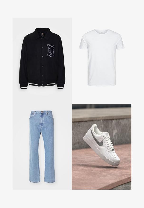 Schwarze Wollmischungjacke mit Druckknopfverschluss vorne, kontrastierenden weißen Streifen an den Manschetten und am Saum sowie besticktem Textdetail auf der Brust.; Rundhals-T-Shirt mit kurzen Ärmeln in reinem Weiß, aus weicher Baumwolle, mit einem schlichten Design ohne sichtbare Muster oder Akzente.; Hellblaue Jeans mit geradem Bein, Frontknopf- und Reißverschluss, Gürtelschlaufen und normalen Vordertaschen.; Weißer Nike Air Force 1 Sneaker mit grauem Swoosh-Logo, der über einer Steinoberfläche und einem grauen Steinwandhintergrund schwebt.