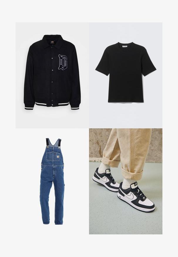 Zwarte wolmix jack met een drukknopen sluiting aan de voorkant, contrasterende witte strepen op de manchetten en zoom, en geborduurde tekstdetails op de borst.; Zwart T-shirt met korte mouwen en ronde hals, met een label "WEEKDAY" aan de binnenkant van de kraag, plat neergelegd op een lichte achtergrond.; Denim tuinbroeken in een middelblauwe tint, met verstelbare zwarte banden, meerdere zakken en metalen hardware accenten.; Zwart-witte Nike Air Force 1 sneakers met een leren bovenwerk, geperforeerde neus en gestructureerde zooldetails, gedragen met opgerolde beige broek en witte sokken.