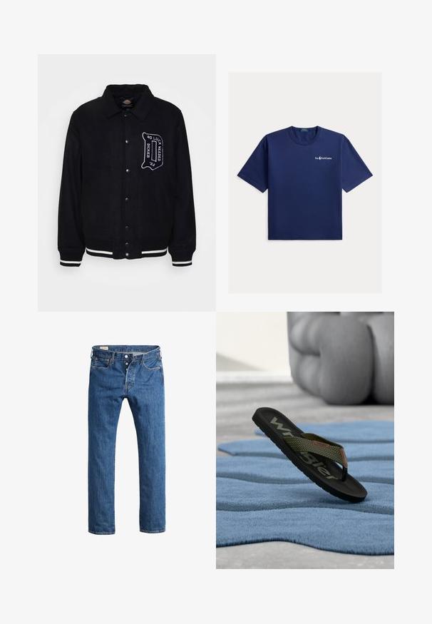 Schwarze Wollmischungjacke mit Druckknopfverschluss vorne, kontrastierenden weißen Streifen an den Manschetten und am Saum sowie besticktem Textdetail auf der Brust.; Marineblaues Kurzarm-T-Shirt mit Rundhalsausschnitt und kleinem weißem Polo Ralph Lauren Logo auf der linken Brust.; Blaue Denim-Jeans mit geradem Bein, Frontknopfverschluss, Gürtelschlaufen und klassischem Fünf-Taschen-Stil.; Schwarze Flip-Flop-Sandale mit olivgrünen, geflochtenen Riemen, markiert mit "Wrangler", liegend auf einer blauen, strukturierten Matte vor einem unscharfen grauen Hintergrund.