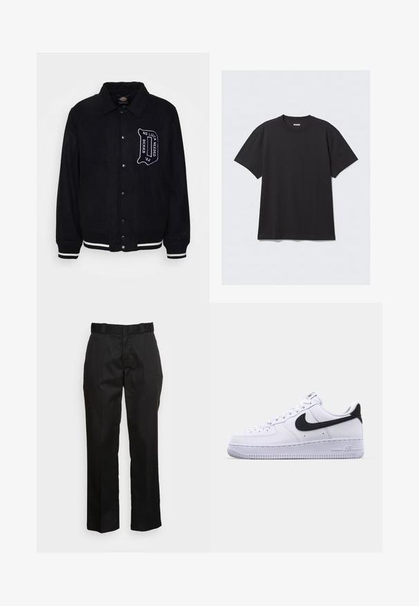 Veste en mélange de laine noire avec fermeture à pression sur le devant, rayures blanches contrastées sur les poignets et l'ourlet, et détail textuel brodé sur la poitrine.; T-shirt noir à manches courtes en coton. Il présente un col rond et une coupe décontractée. Design simple sans motifs ni accents visibles.; Pantalons noirs en tissu lisse, avec une coupe droite, des passants de ceinture et deux poches latérales. Look classique sans embellissements.; Sneaker en cuir blanc avec un Swoosh noir texturé, des lacets plats et une semelle en caoutchouc avec un motif strié. "AIR" est embossé sur le talon.
