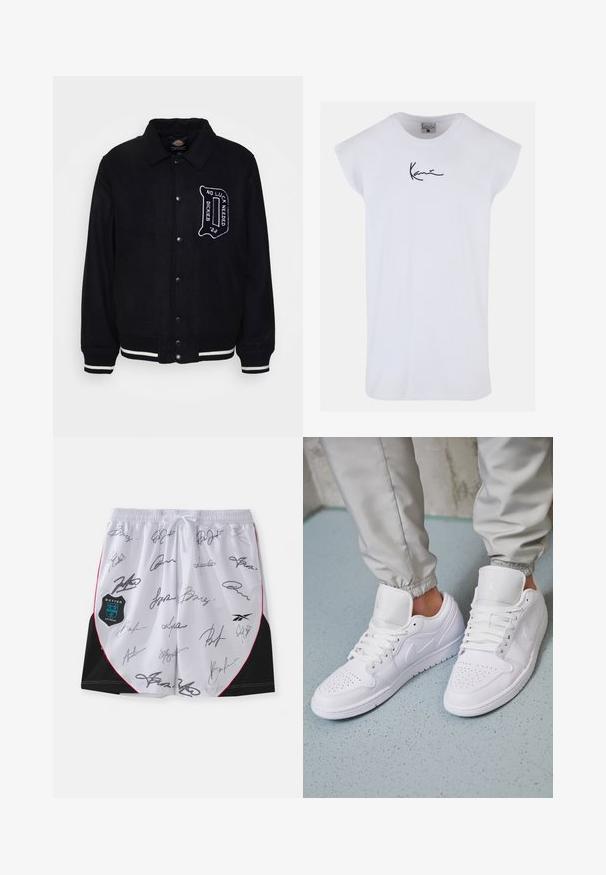 Zwarte wolmix jack met een drukknopen sluiting aan de voorkant, contrasterende witte strepen op de manchetten en zoom, en geborduurde tekstdetails op de borst.; Karl Kani SMALL SIGNATURE TEE - Top - white; Witte shorts met zwarte accenten en rode bies, met meerdere zwarte handtekeningen. Inclusief een botter Antwerp-logo aan de linkerzijde.; Witte leren sneakers met een geperforeerde neus, platte veters, een gepolsterde kraag en het Jordan-logo op de tong. Gediend met grijze joggers.