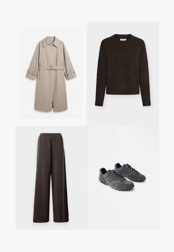 Trench-coat long beige avec col large, taille cintrée par une ceinture à boucle métallique unique, et poignets assortis ceinturés avec garniture métallique.; Pull ras du cou marron foncé en matière douce et texturée. Caractérisé par des manches longues et une coupe décontractée avec une légère texture duveteuse.; Pantalons large marron foncé avec une taille élastique et des poches latérales, présentés sur un fond blanc.; Baskets de sport en suède noir avec une surface texturée, un design arrondi et des semelles en caoutchouc. Elles sont dotées de lacets et de rayures horizontales sur les côtés.