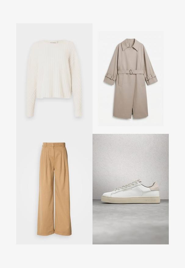 Trench-coat long beige avec col large, taille cintrée par une ceinture à boucle métallique unique, et poignets assortis ceinturés avec garniture métallique.; CLOSED CREW NECK - Pullover - ecru; Pantalons à jambe large en coton beige, avec des plis à la taille, une taille haute et une texture lisse. Pas de matériel visible ni de motifs.; Sneaker en cuir blanc avec une finition lisse, accents en suède beige, bout arrondi, design à lacets plats et semelle en caoutchouc texturée.