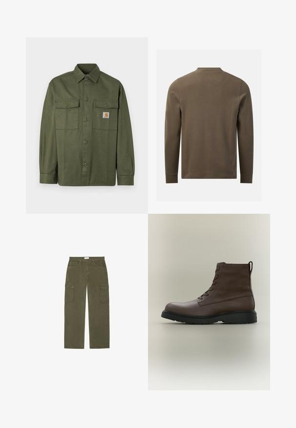 Chemise vert olive en tissu de coton, dotée d'un devant à boutons, de deux poches à rabat et d'un écusson logo sur la poitrine gauche.; Chemise texturée vert olive à manches longues, vue de dos avec un col rond et des poignets simples sur fond blanc.; Pantalons cargo vert olive avec un design à jambes droites, deux grandes poches latérales et une coupe classique à cinq poches. Fabriqués en matériau en coton solide.; Bottine en cuir marron à lacets, semelle en caoutchouc noire, bout rond et languette à l'arrière, vue de profil sur fond neutre.