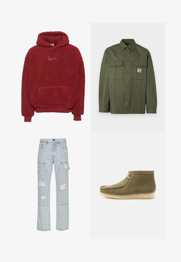 Olivengrøn skjorte lavet af bomuldsstof med knappelukning foran, to lommer med klap og en logo-patch på venstre bryst.; Rød fleece hoodie med en tekstureret overflade, en frontlomme og en hætte med snørebånd. Har et guldbroderet logo på brystet.; Lyseblå denim cargo bukser med slidte lapper, vid benedesign, to sidelommer og nitter.; Ærmegrøn ruskindsankelstøvle med mokkasinstøvletå, hvide syninger, to-øjets snørebånd og crepesål på en hvid baggrund.