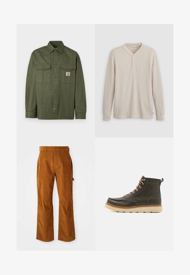 Olivengrøn skjorte lavet af bomuldsstof med knappelukning foran, to lommer med klap og en logo-patch på venstre bryst.; Langærmet henley-skjorte i lys beige ribbet stof, med V-hals, tre-knap placket og manchetter ved ærmerne. Rød logo-tags ved kanten.; Brune kordfløjlsbukser med en udvidet benstruktur, med sidelommer og en frontknaplukning. Teksturen er blød og ribbet.; Mørkegrønne læder ankelstøvler med beige snørebånd, polstret krave og tekstureret gummisål. Har vandtætte markeringer og syninger.