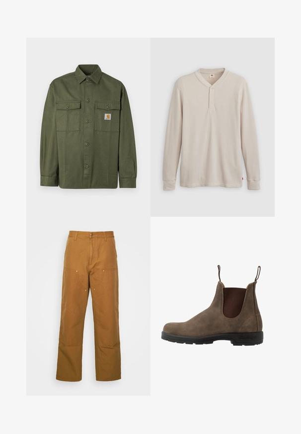Olivengrøn skjorte lavet af bomuldsstof med knappelukning foran, to lommer med klap og en logo-patch på venstre bryst.; Langærmet henley-skjorte i lys beige ribbet stof, med V-hals, tre-knap placket og manchetter ved ærmerne. Rød logo-tags ved kanten.; Brune bomuldsarbejdsbukser med lige ben-design, der har frontlommer og metalhardware detaljer for ekstra holdbarhed.; Brune læder chelsea-støvle med elastiske sidepanelen, trækflapper og en sort gummisål med et struktureret slidbane for bedre greb.