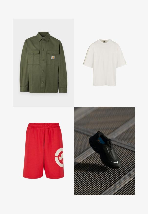 Olivgrünes Hemd aus Baumwollstoff, mit durchgehendem Knopfleistenverschluss, zwei Klappentaschen und einem Logo-Patch auf der linken Brust.; Weißes kurzärmliges T-Shirt mit lockerer Passform, Rundhalsausschnitt und kontrastierenden vertikalen Streifen an den Seiten. Weiche Stoffbeschaffenheit.; Rote Baumwollkurzshorts mit einem elastischen Bund, versehen mit einem großen weißen Grafikdesign am linken Bein und einer glatten Textur.; Schwarzer Nike Air Max Schuh mit einem eleganten Design, Reißverschluss, strukturiertem Obermaterial und auffälligem weißem Logo an der Seite, vor einem Gitterhintergrund.