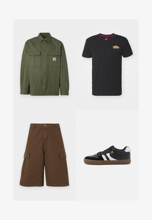 Chemise vert olive en tissu de coton, dotée d'un devant à boutons, de deux poches à rabat et d'un écusson logo sur la poitrine gauche.; T-shirt en coton noir à manches courtes, avec un petit logo orange sur la poitrine gauche. Le col a un accent rouge le long du rebord intérieur.; Shorts en coton marron de coupe droite, avec deux poches latérales et une fermeture à bouton à l'avant. Fabriqués à partir d'un tissu en coton durable avec une finition mate.; Baskets noir et blanc avec une tige en daim et en cuir, présentant des rayures blanches, des lacets noirs et une semelle en caoutchouc marron. Accents de logo dorés.