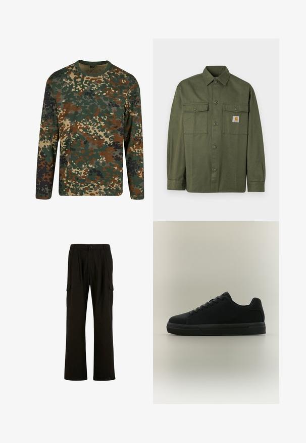 Olivengrøn skjorte lavet af bomuldsstof med knappelukning foran, to lommer med klap og en logo-patch på venstre bryst.; Langærmet camouflage t-shirt i grøn, brun og beige med rund halsudskæring. Har et blandet mønster af uregelmæssige pletter og teksturer.; Urban Classics WIDE - Cargobukser - black; Sort lavtopet sneaker med snørebånd, gummisål og glat finish, vist i sideprofil på en neutral baggrund.