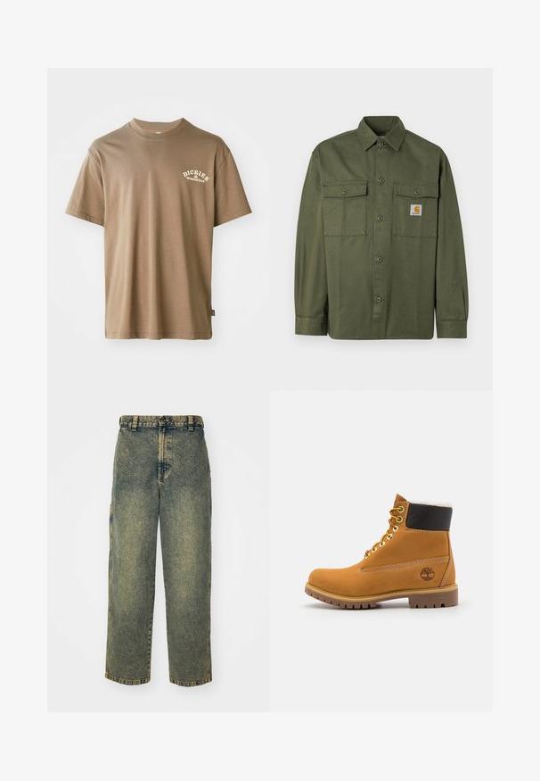 Olivengrøn skjorte lavet af bomuldsstof med knappelukning foran, to lommer med klap og en logo-patch på venstre bryst.; Brun bomulds T-shirt med rund hals, korte ærmer og et hvidt logo med teksten "Dickies Workwear" på venstre brystområde.; Slidse denim jeans i en falmet blå og grøn vask. Har en knaplukning, bælteløkker og sidelommer. Flad front og lige ben-design.; Brune læder ankelstøvle med metaløjer, hvid pelsforing, sort polstret krave, robust sål og præget logo på siden.