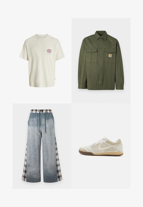 Olijfgroene blouse gemaakt van katoenen stof, met een knoopsluiting aan de voorkant, twee klepzakken en een logopatch op de linkerborst.; Witte T-shirt met korte mouwen met rode tekst "Studio Originals Edition" op de linker borst, weergegeven op een neutrale grijze achtergrond.; Grijze broek met wijde pijpen, een taille met trekkoord en zijpanelen met ruitpatroon, die casual en stijlvolle designelementen combineren.; Witte sportieve schoen met een textuur bovenwerk, grijze accenten, vetersluiting en een tan rubberen zool. Heeft een onderscheidend logo aan de zijkant.