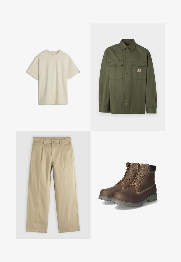 Olijfgroene blouse gemaakt van katoenen stof, met een knoopsluiting aan de voorkant, twee klepzakken en een logopatch op de linkerborst.; Beige katoenen T-shirt met korte mouwen, een ronde hals en een klein wit logo op de borst. Soepele textuur met een ontspannen pasvorm.; Beige recht gesneden broek met plooien aan de voorkant, riemlussen, zijzakken en een knoopsluiting in de taille.; Bruine leren enkellaarsjes met veters, een geveerd kraagje, contrasterende stiksels en een robuuste rubberen zool met grippatronen.