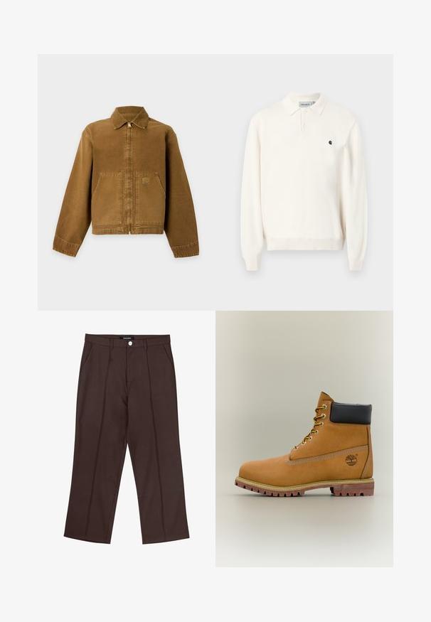 Braune Arbeitsjacke mit Frontreißverschluss, zwei großen Fronttaschen, einem Kragen und einem kleinen quadratischen Logo-Patch auf der linken Tasche.; Off-White Langarm-Poloshirt mit zwei Knöpfen, gerippten Bündchen, Kragen und kleinem schwarzem Carhartt-Logo auf der linken Brust.; Braune gerade geschnittene Hose mit vorderen Falten, Seitentaschen, Gürtelschlaufen und einem markierten Knopfverschluss an der Taille.; Brauner Leder-Stiefelette mit schwarzem Kragen, gelben Schnürsenkeln und hellbrauner Sohle. Verfügt über ein Logo und weiße Ziernähe. Robuste Profilsohle.