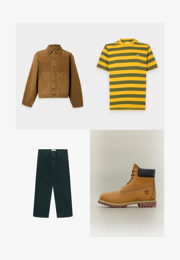 Veste de travail marron avec fermeture éclair sur le devant, deux grandes poches avant, un col et un petit patch logo carré sur la poche gauche.; T-shirt à manches courtes à rayures horizontales jaunes et vertes, avec un col rond et un petit logo sur la poitrine. Matière en coton.; Jeans en denim vert foncé à jambes larges avec fermeture à bouton et à zip, poches avant et passants de ceinture, posés à plat sur un fond blanc.; Bottine en cuir marron avec col noir, lacets jaunes et semelle beige. Présente un logo et des détails de couture blanche. Semelle extérieure à traction robuste.