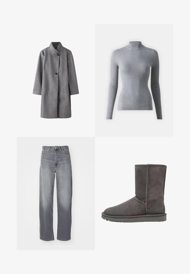 Lang grå uldfrakke med høj krave og to synlige sorte knapper foran, lige snit og lange ærmer.; Grå ribbet turtleneck sweater med lange ærmer, lavet af strikket stof. Har en tætsiddende design og en høj krave for ekstra varme.; Weekday RAIL MID LOOSE STRAIGHT - Jeans Straight Leg - misty grey; Grå ruskinds ankelstøvle med en rund tå, lodrette sømdetaljer og en flad gummisål. Har et enkelt, uudsmykket design.