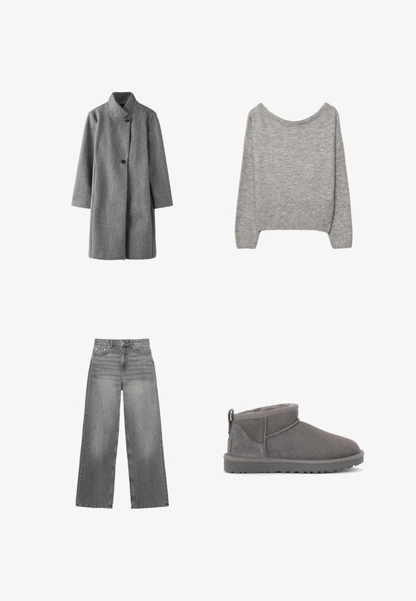 Lang grå uldfrakke med høj krave og to synlige sorte knapper foran, lige snit og lange ærmer.; Grå, cropped sweater i en blød strik. Har en bred halsudskæring, ribbede manchetter og kant. Enkel design uden mønstre eller pynt.; Grå brede jeans lavet af denim, med en mellemhøj talje, fem lommer og subtil falmning på benene.; Grå ruskinds ankelstøvler med en blød indersål, minimal syning og en formstøbt gummisål. Har en løkke bagpå.