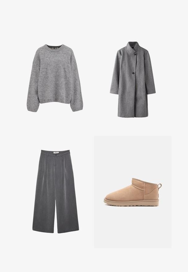 Lang grå uldfrakke med høj krave og to synlige sorte knapper foran, lige snit og lange ærmer.; Blød lysegrå strikket sweater med lange ærmer og ribbede manchetter, kant og rund halsudskæring.; Grå vidde bukser med læg, lavet af blødt stof. Har knaplukning og en skræddersyet linning.; Brune ruskindsankelstøvle med en rund tå, blød tekstur, enkelt design og en lavprofil gummisål. Har en trækrem bagpå.