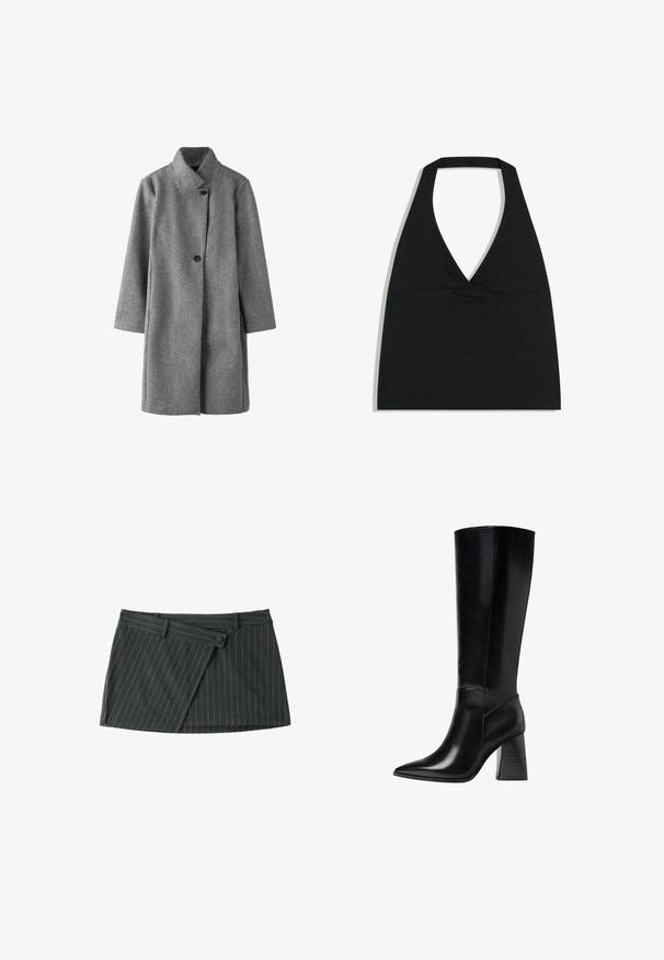 Long manteau en laine grise avec col haut et deux boutons noirs visibles à l'avant, coupe droite et manches longues.; Haut court noir à col licou avec un profond décolleté en V et une large bretelle autour du cou sur fond blanc.; Mini-jupe portefeuille gris foncé à fines rayures avec passants de ceinture et fermeture asymétrique sur le devant.; Bottes en cuir noir arrivant au genou, avec un bout pointu, une texture lisse et un talon épais et cranté pour la stabilité. Design élégant avec des accents minimalistes.