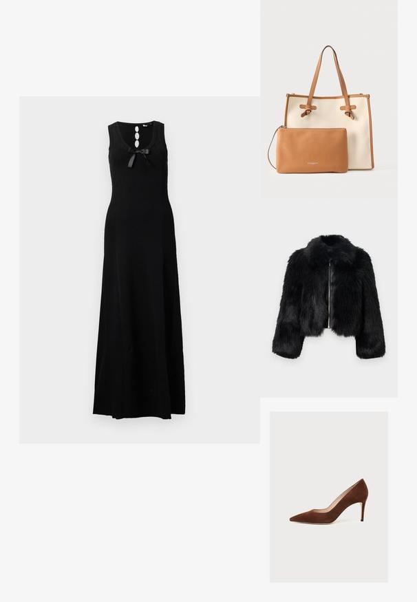 Sort faux fur cropped jakke med en frontlynlås, rund krave og tekstureret stof. Har lange ærmer og et blødt udseende.; Sort ærmeløs maxikjole med rund halsudskæring, tre knapdetaljer og en sløjfe foran. Glat strikmateriale.; Brun ruskind med spids tå og høj hæl med en slank stiletthæl, vist i profil mod en hvid baggrund.; Tote-taske med beige lærred og brune læderdetaljer, udstyret med to robuste håndtag og en aftagelig brun læderpung.