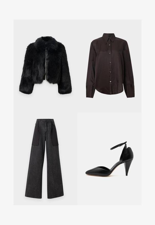 Black faux fur cropped jacket with a front zipper, round collar, and textured fabric. Features long sleeves and a soft appearance.; Dark brown long-sleeve shirt made of smooth fabric, featuring a pointed collar, button front, and rounded hem. Silver buttons accent the front.; Wide-leg jeans made of dark denim with black fabric panels on the sides, featuring a high waist and visible stitching details.; Black leather pointed-toe high heel with ankle strap and cone-shaped heel on a white background.