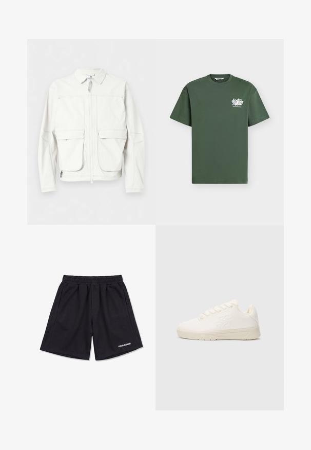 Valkoinen takki edessä olevalla vetoketjulla, kahdella suurella läppätaskulla, pitkät hihat ja kärjellinen kaulus, esitetty yksiväristä taustaa vasten.; Vihreä lyhythihainen crew neck -t-paita, jossa pieni valkoinen graffiti-tyylinen logo vasemmalla rinnassa.; Mustat urheilushortsit, joissa on joustava vyötärönauha, sivutaskut ja "PEGADOR"-logo vasemman alareiden päällä valkoista taustaa vasten.; Valkoinen synteettinen lenkkari, jossa on sileä pinta, pyöreä varvas, nauhakiinnitys ja logo painettuna sivulle. Litteä kumipohja.