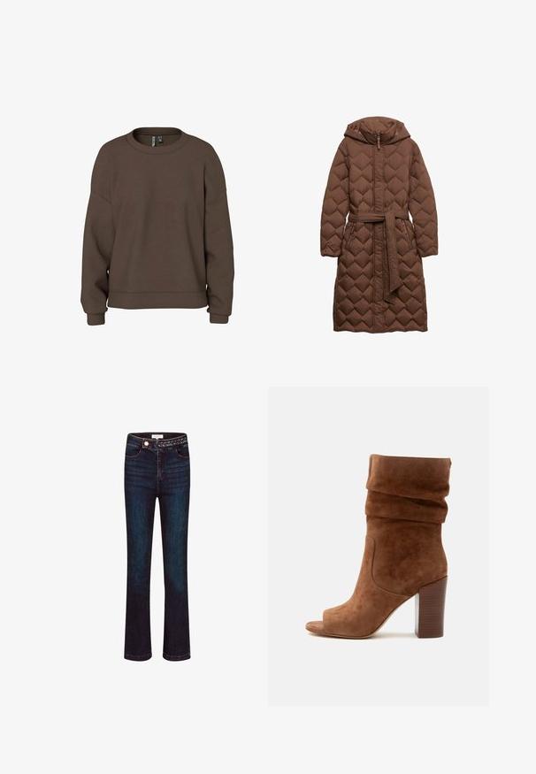 Brun quiltet lang jakke med hætte, indsnævret talje bælte og lynlåslommer. Har diamantformet stitching og en glat tekstur.; Brun sweatshirt lavet af blødt stof, med rund hals, drop skuldre og ribbede manchetter for en afslappet pasform. Enkel, ensfarvet design.; Mørkeblå denimjeans med lige ben-design, flettet taljedetalje og standard fem lomme-stil.; Brun ruskind mellemhøj støvle med slasket overdel, åben tå og chunky træklods hæl.