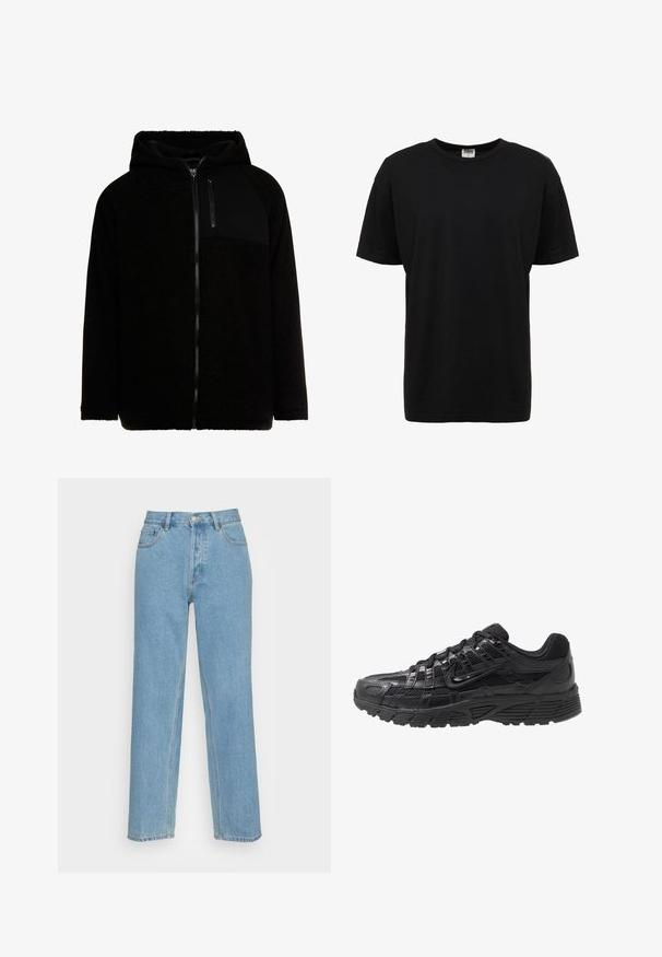 Schwarzer Fleece-Hoodie mit einem Reißverschluss vorne, einer einfarbigen schwarzen Brusttasche und einer weichen, strukturierten Oberfläche. Mit Kapuze und Raglanärmeln.; Schwarzes Baumwoll-T-Shirt mit Rundhalsausschnitt, kurzen Ärmeln, normaler Passform, glatter Textur und ohne sichtbare Muster oder Akzente.; Helle blaue gerade geschnittene Jeans aus Denim mit einem klassischen Fünf-Taschen-Design, einem vorderen Knopfverschluss und sichtbaren Nähdetails.; Schwarzer Sportschuh mit einem Obermaterial aus Mesh und Synthetik, strukturiertem Oberflächen, Schnürdesign und einer Mustergummisohle für Traktion.