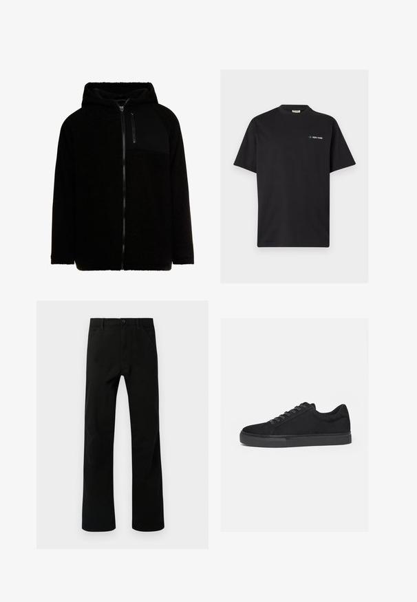 Sudadera de forro polar negra con cremallera en la parte delantera, un bolsillo en el pecho de color negro sólido y un acabado suave y texturizado. Presenta una capucha y mangas raglán.; Camiseta negra de manga corta con cuello redondo, texto pequeño "New York" y gráfico de brújula en el pecho izquierdo.; Pantalones negros de pierna recta con bolsillos frontales, cierre de botón y trabillas para cinturón, mostrados sobre un fondo blanco.; Zapatilla deportiva negra de corte bajo con cordones delanteros y suela de goma plana, mostrada de lado sobre un fondo blanco.