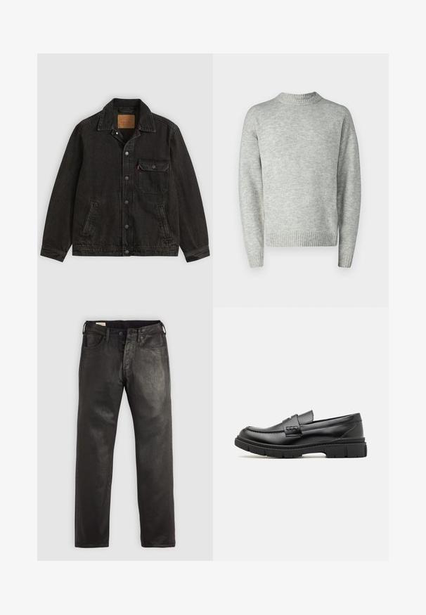 Veste en jean noire avec col, fermeture boutonnée à l'avant, une poche poitrine boutonnée et deux poches latérales.; Pull en laine gris clair, texture tricotée, col rond, manches longues, bords côtelés et poignets, coupe décontractée, design minimaliste.; Jean en denim noir à coupe droite, avec une fermeture à bouton et à glissière, cinq poches et une texture lisse.; Mocassin en cuir noir avec une large sangle sur le devant, semelle en caoutchouc à épaisse rainure, et texture lisse. Design classique et élégant.