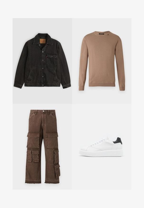 Sort denimjakke med krave, forreste knaplukning, en brystlomme med knap og to sidelommer.; Beige langærmet sweater med rund halsudskæring, lavet af blødt, tekstureret stof. Har ribbede manchetter og søm samt en lille logodetalje.; Brune cargo bukser med løs pasform, flere sidelommer og frayed kantdesign. Lavet af robust, struktureret stof for holdbarhed.; Hvide lædersneakers med en sort hælflap, flade snørebånd, struktureret mellemsål og branding på ydersiden. Designet til afslappet brug.