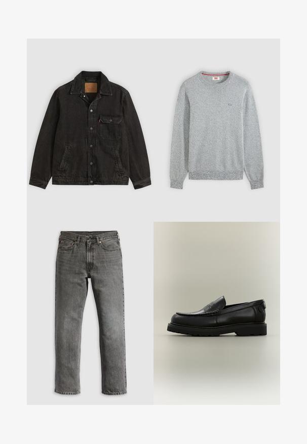 Schwarze Jeansjacke mit Kragen, vorderer Knopfleiste, einer Brusttasche mit Knopf und zwei Seitentaschen.; Hellgrauer strukturierter Strickpullover mit Rundhalsausschnitt und langen Ärmeln sowie kleinem Levi’s-Logo auf der linken Brust.; Graue Jeans aus Denim mit geradem Bein, ausgestattet mit fünf Taschen, kupfernen Nieten und sichtbaren Nähten. Klassisches Design mit Reißverschluss.; Schwarzer Lederloafer mit dicker Gummisohle, Penny-Riemendetail und genähtem Mokassinschaft-Design auf neutralem Hintergrund.