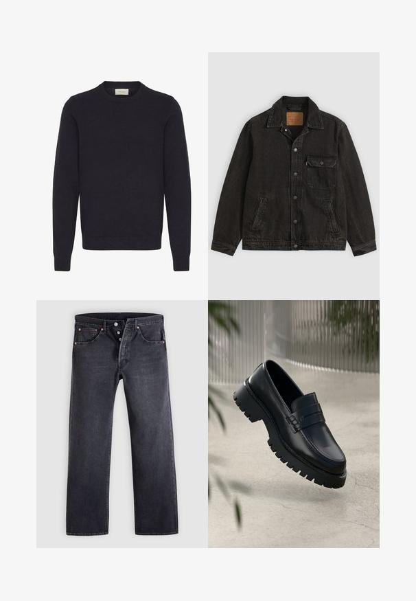 Sort denimjakke med krave, forreste knaplukning, en brystlomme med knap og to sidelommer.; Sort strikket sweater med rund halsudskæring, lange ærmer og ribbede manchetter og kant. Glat tekstur uden synlige mønstre eller dekorationer.; Sorte denimjeans med lige snit, fem-lommer design og kobberknapdetaljer. Glat tekstur med let falmet finish.; Sorte læder loafers med en chunky sål, der har en dekorativ rem og syninger. Glat tekstur med en poleret overflade.